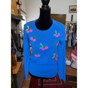 90s Nordstrom Point of View Blue Cherry Embroidered Sweater